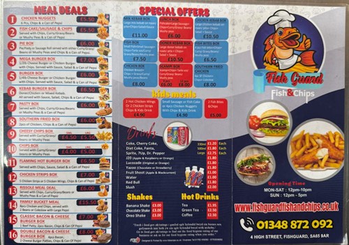 Fishguard Fish and Chips Menu 1