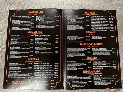 Goodwick Indian Restaurant Menu - Side 2