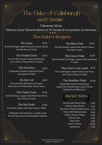 Duke of Edinburgh Menu - Takeaway Burgers