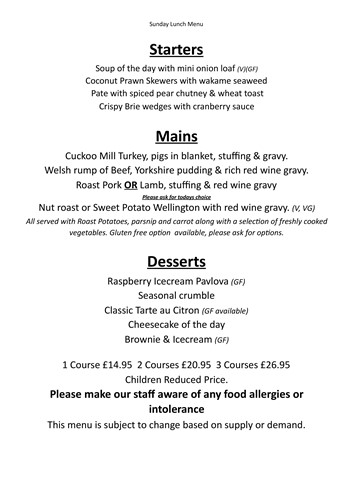 Sunday Lunch Menu