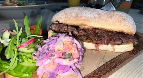 Steak and beer-braised onion ciabatta